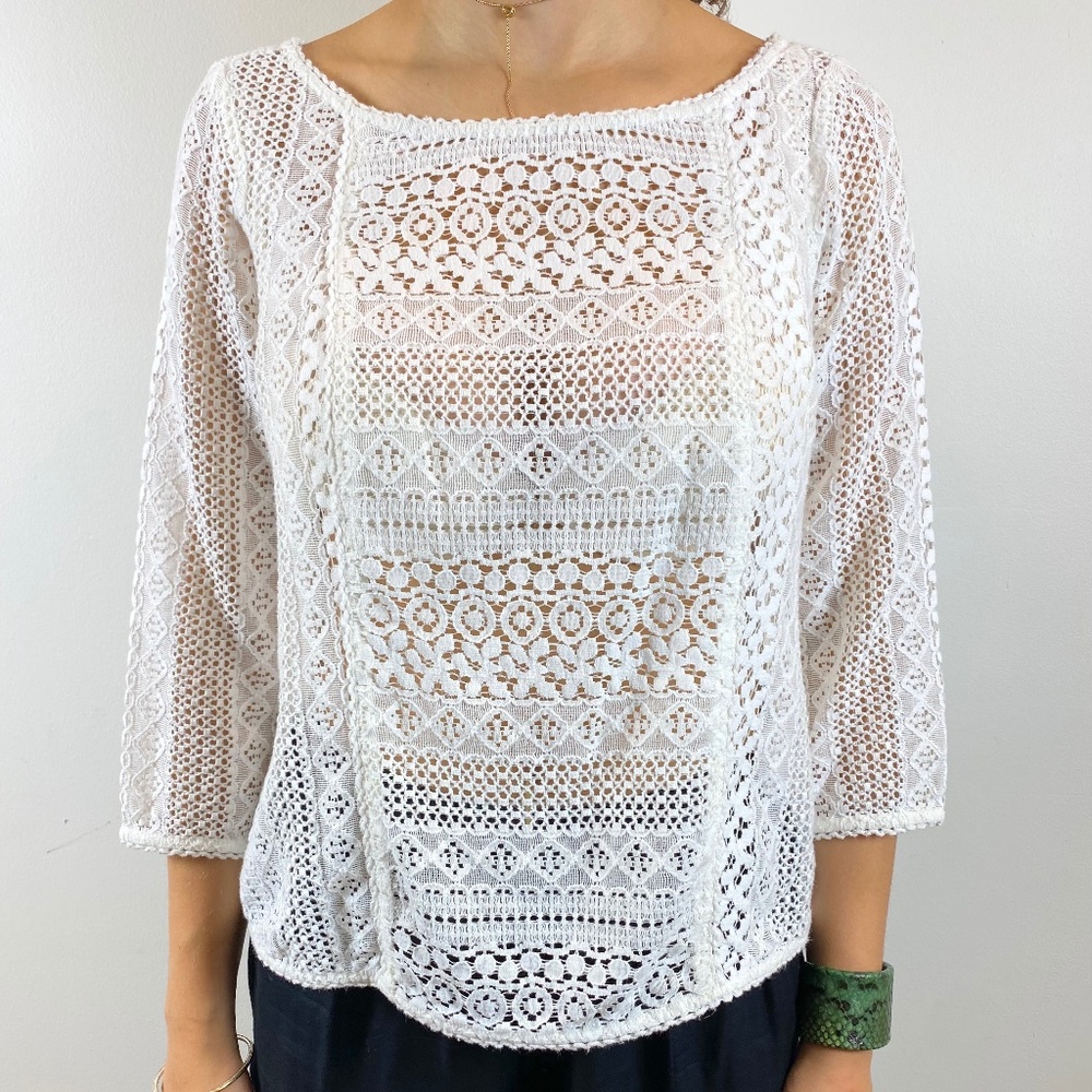 JOIE COTTON-BLEND EYELET LACE CROCHET TOP SZ M